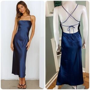 Hello Molly Memory Lanes Navy Blue Satin Backless maxi slip Gown Dress Size 6